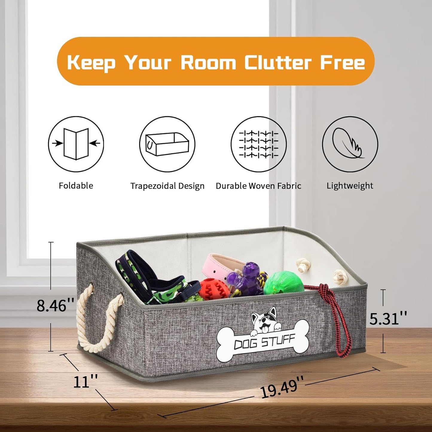 Dog Toy Box, Large Dog Toys Storage with Handle, Fabric Trapezoid Dog Toy Bin, Collapsible Basket Chest Organizer, Perfect for Pet Toys, Blankets, Dog Toys and Accessories