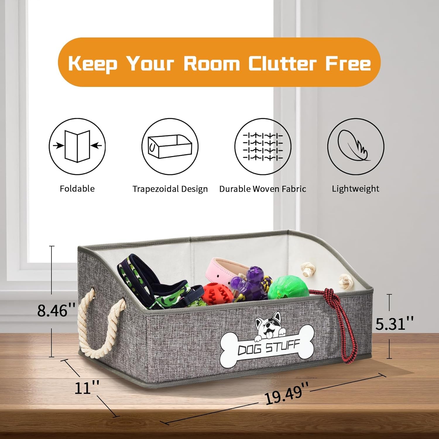 Dog Toy Box, Large Dog Toys Storage with Handle, Fabric Trapezoid Dog Toy Bin, Collapsible Basket Chest Organizer, Perfect for Pet Toys, Blankets, Dog Toys and Accessories